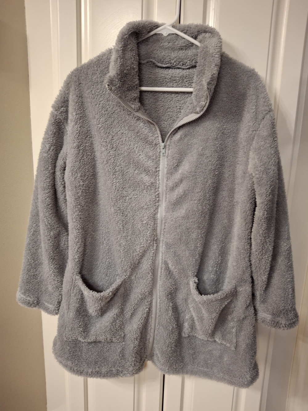 Women's Plush Gray Teddy Jacket with Zip Front